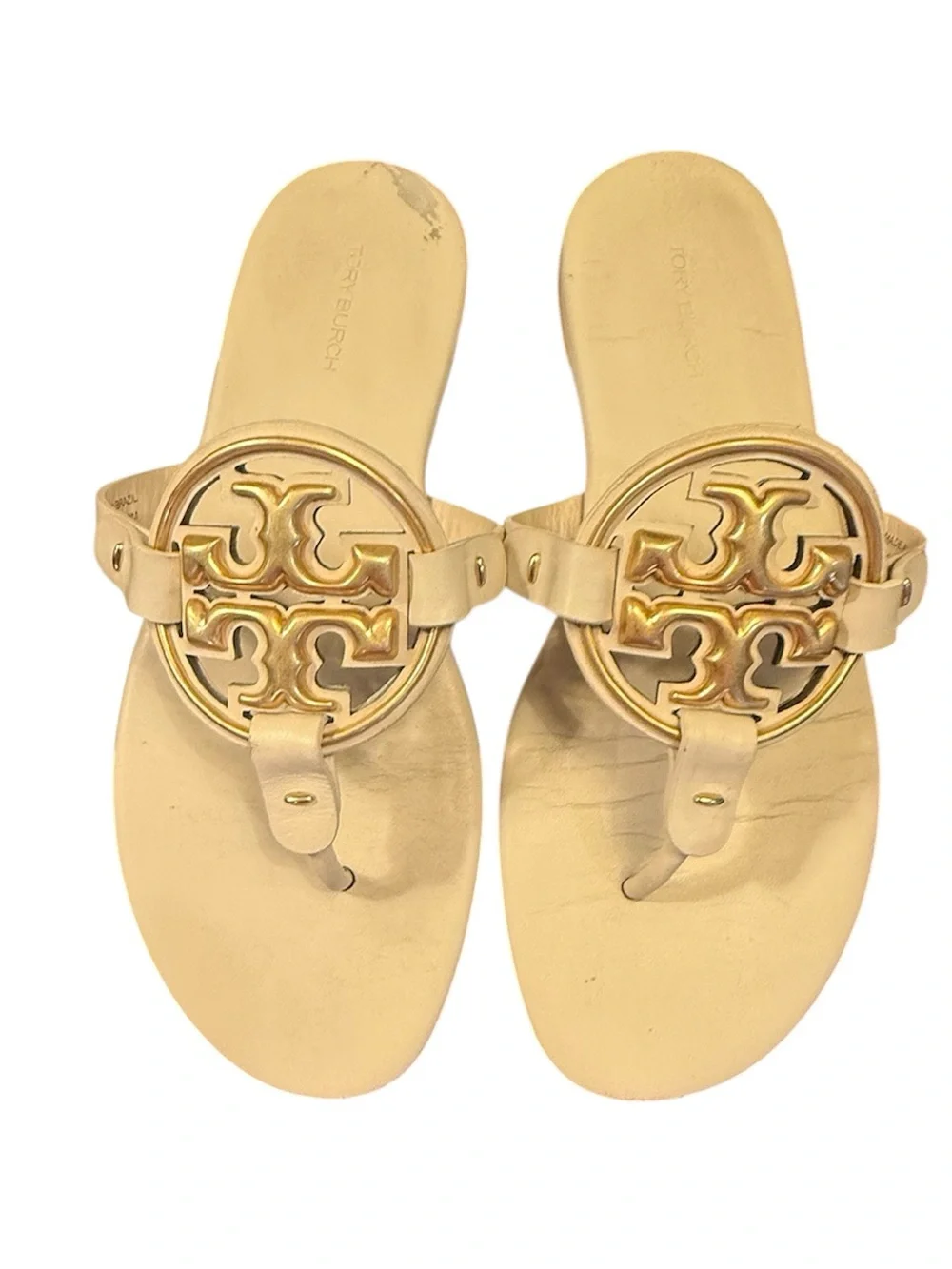 Tory Burch Miller Metal Cream Gold Leather Thong Sandals Size 8